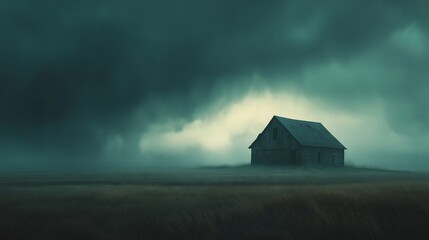 A desolate field under a stormy sky, with a solitary barn standing against the wind, its wooden boards catching the faint light of an approaching storm.