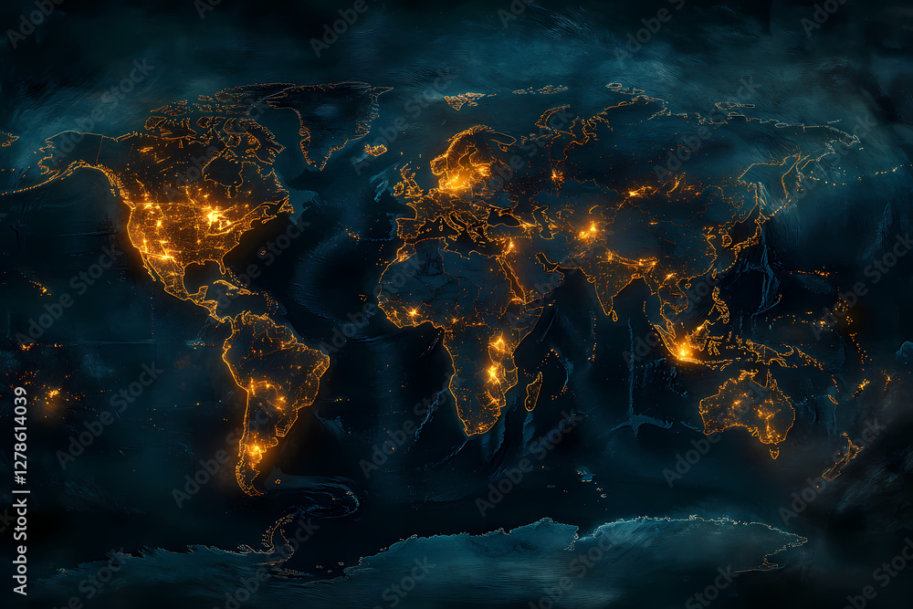Aufkleber global network illuminated: an illuminated map of the world shows the interconnectedness of our glob