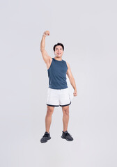 Portrait of healthy Asian man exercising on white background
