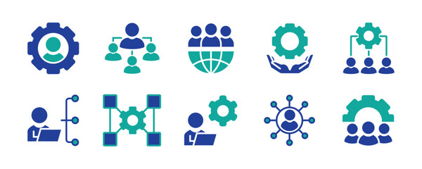 set of human resource organization management with gear setting icon set teamwork structure hierarchy leadership diagram employee network symbol illustration