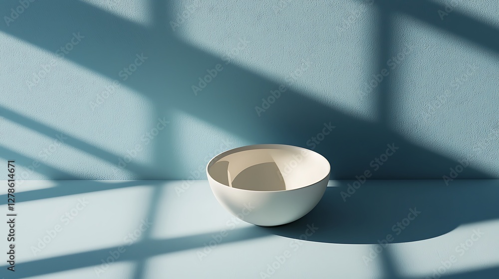 Poster a minimalistic bowl sits on a flat surface, casting soft shadows against a textured blue backdrop, e