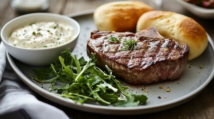 An elegant dining setup featuring a beautifully presented steak with a side of creamy garlic sauce, fresh greens, and a warm bread roll, all arranged on a fine dining table.