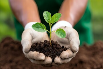  Close-up of hands holding soil with young plant,  sustainable environment concept
