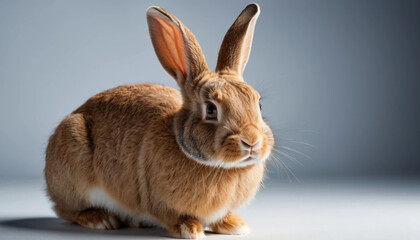 Obraz premium Cute Brown Rabbit Sitting Calmly on Gray Background Perfect for Easter