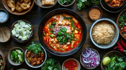 An overhead shot of a bowl of hot  on a dining table, surrounded by traditional Thai side dishes and condiments, creating a vibrant and inviting meal spread.