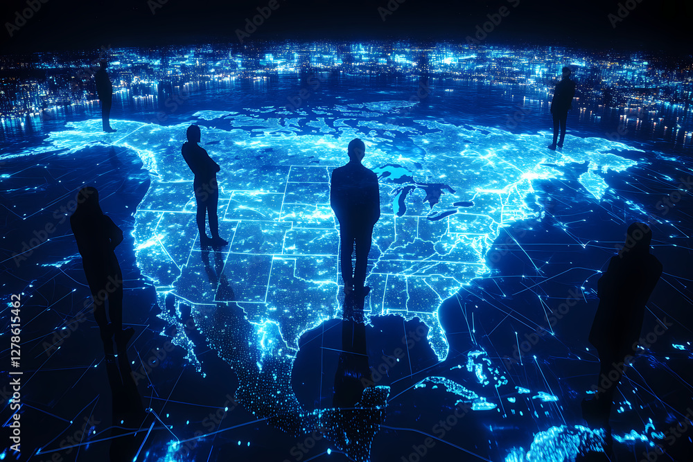 Aufkleber network of global reach: silhouetted figures stand strategically on a glowing map of the world, a vi