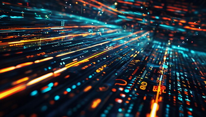 Digital streams of data and light converge in a futuristic cyber landscape, evoking a sense of technological advancement