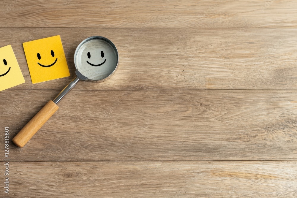 Poster analyzing customer reviews through surveys in a visual context with magnifying glass