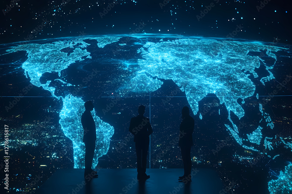 Poster global insights: a trio of figures gaze upon a digital world map, illuminated with data, symbolizing