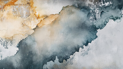 A textured abstract watercolor painting featuring deep blue, gray, and warm earthy tones with organic blending and distressed effects.