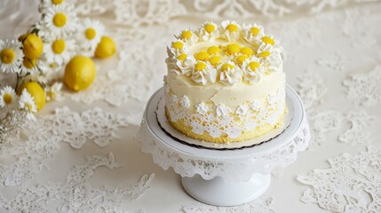 Lemon Cake with Lace and Daisy Design: A Delectable Dessert