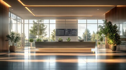 Obraz premium A modern, well-lit reception area features sleek design elements and greenery, creating an inviting atmosphere with large windows.