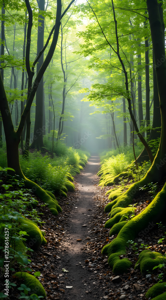 Poster a serene forest path winds through lush greenery, sunlight filters softly through the trees, creatin