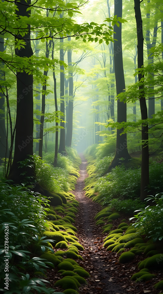 Poster a serene forest path stretches through lush greenery, illuminated by soft sunlight filtering through