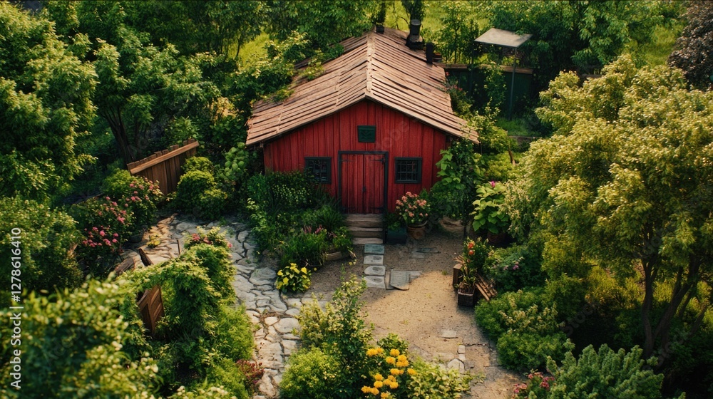 Canvas Prints Small red cabin with greenery