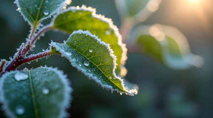 A close-up of green leaves coated with frost and glistening dew drops in early morning light, showcasing nature's beauty and tranquility