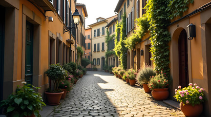 Fototapeta premium A charming cobblestone street lined with colorful buildings and blooming flower pots bathed in warm sunlight showcases a serene and inviting atmosphere