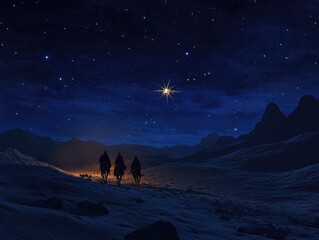 Fototapeta premium Three riders on horseback in snowy night