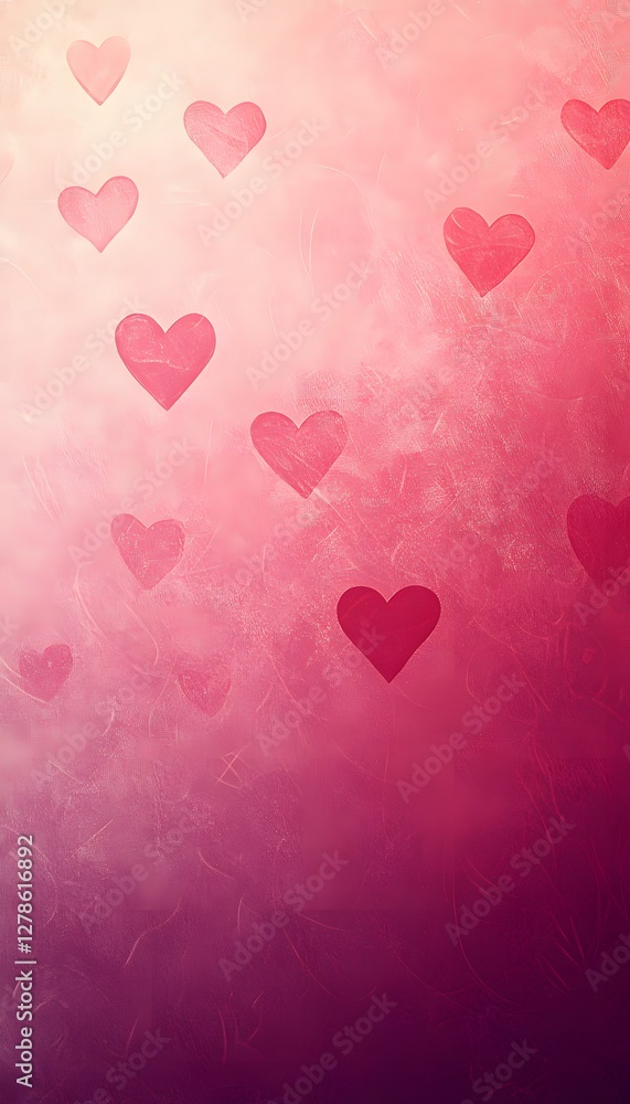 Poster pink hearts float gently against a gradient background color scheme