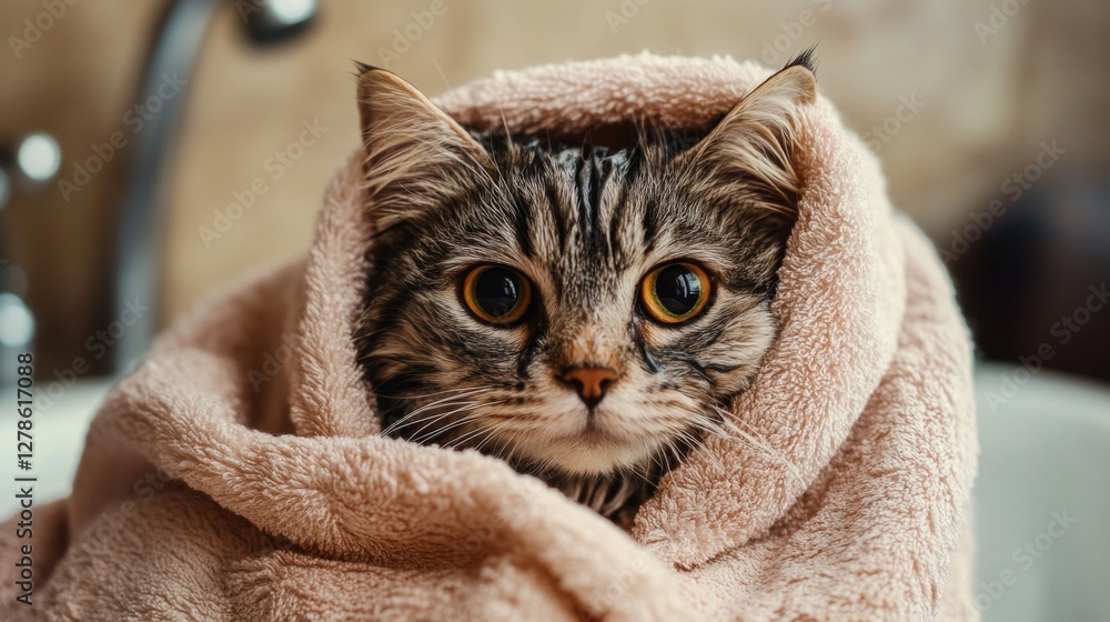 Poster a charming image of a cat wrapped in a towel after its bath, looking cozy and content, with its wet 