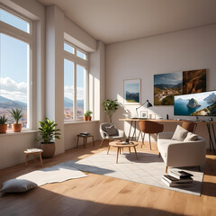 Fototapeta premium Modern bright living room with large windows minimal interior design / Sala moderna luminosa con ventanas grandes diseño interior minimalista