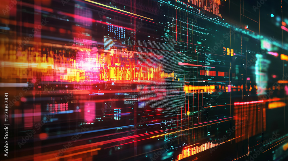Poster cyberpunk digital stream data flow network interface visualization