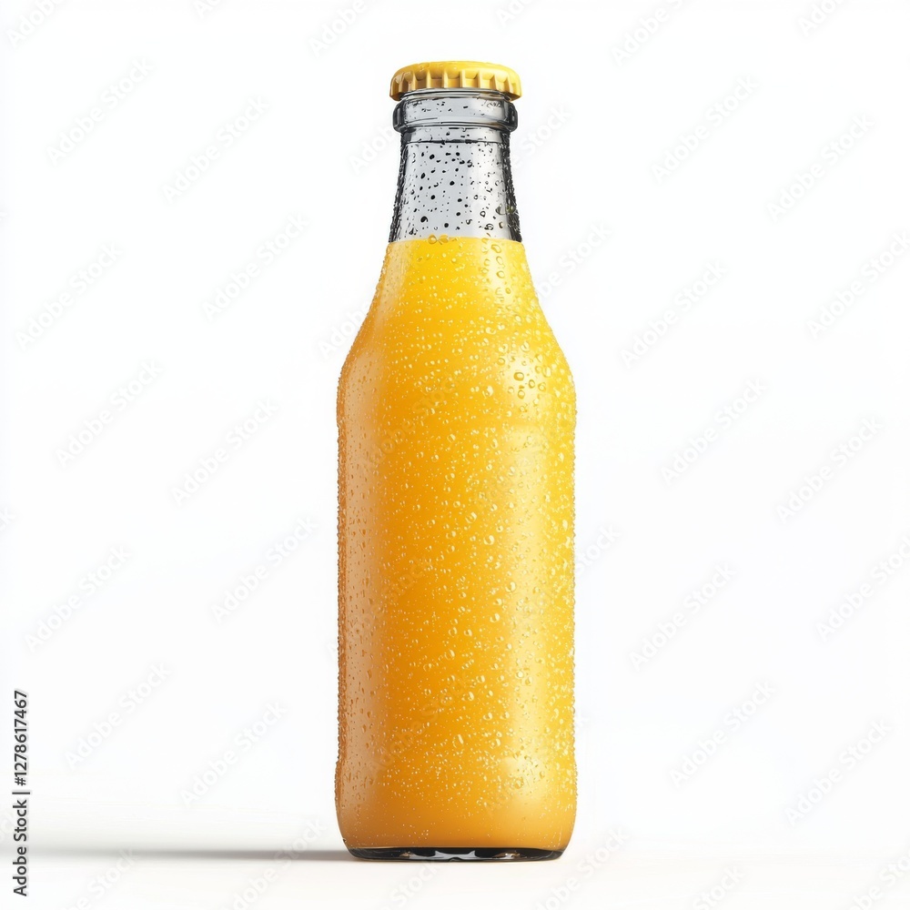 Poster a chilled bottle of orange juice with condensation on the surface, isolated on a white background fo