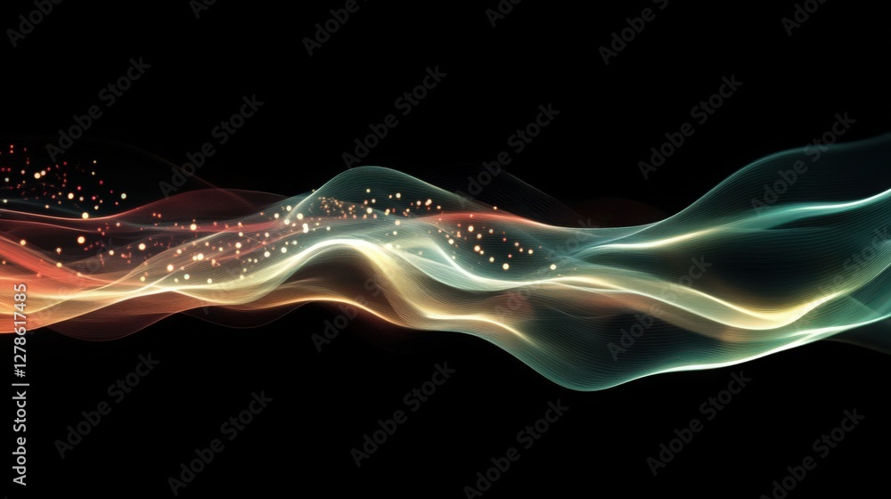 Poster abstract flowing light waves with sparkling particles on black background