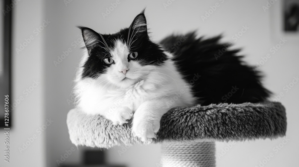 Poster a chubby black-and-white cat perched on top of a cat tree, looking down with a regal expression, its