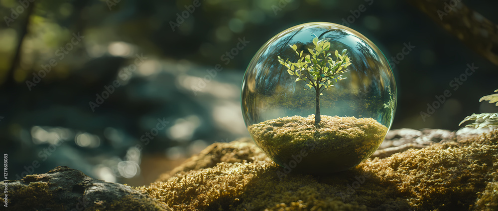 Poster a seed of hope: a delicate tree sprouts from a miniature earth, encased in a transparent sphere, sug