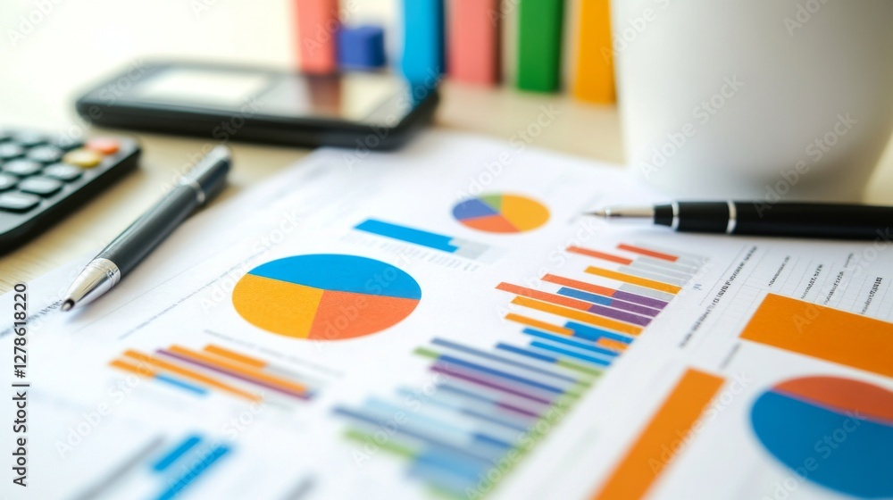 Aufkleber a close-up of a financial report with colorful business graphs and pie charts, surrounded by office 