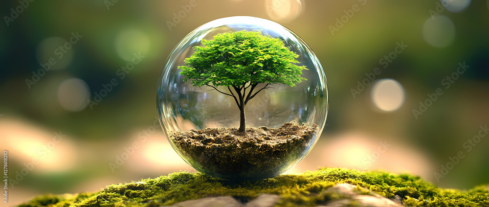 Poster a world within: a vibrant, flourishing tree is encapsulated within a transparent sphere, symbolizing