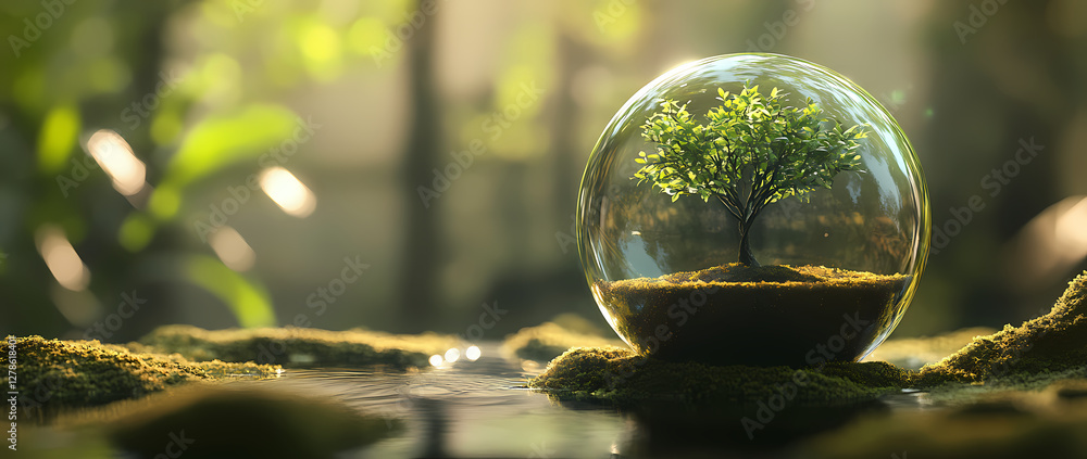 Poster Life Inside the Orb: A tiny tree thrives inside a transparent sphere, creating a captivating display of nature, surrounded by verdant moss and soft light.