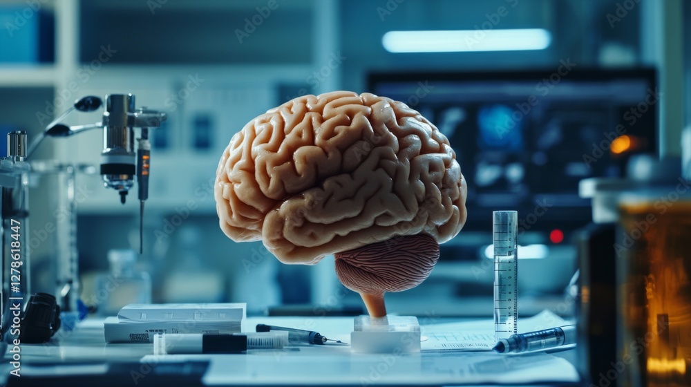 Poster a close-up of a human brain in a laboratory setting, with scientific tools and notes surrounding it,