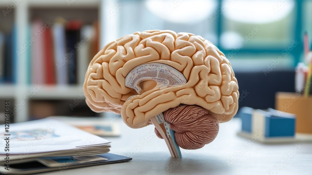 Aufkleber A close-up of a human brain model, with intricate details visible and placed next to educational materials, emphasizing its role in cognitive functions.