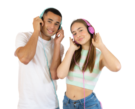 Young couple in casual clothes listening music by headphones over transparent background. PNG transparent