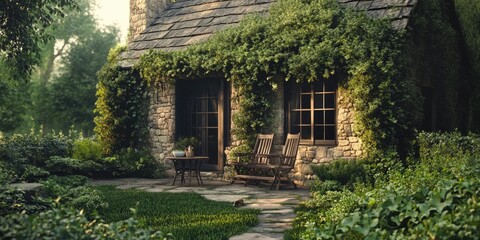 Stone house with vine-covered porch