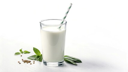 Glass of Milk with Straw Isolated on White Background, Offering a Classic, Refreshing Drink to Complement Any Meal
