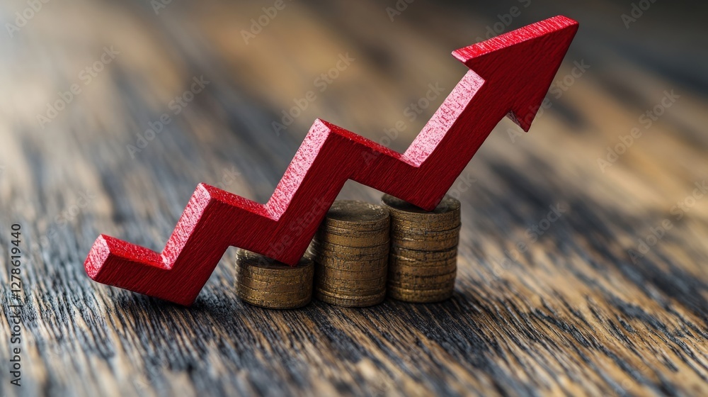 Poster a red arrow graphically representing growth rises above stacked coins on a wooden table