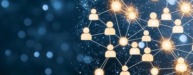 Remote work tools teamwork, Digital network connections among people with glowing nodes on a dark background.