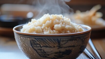 A close-up of a steaming bowl of fluffy, perfectly cooked , with a pair of chopsticks resting on the side and a traditional Thai meal setup in the background.