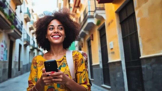 beautiful, curly hair travelling woman with backpack is using her mobile phone in exotic urban scenery; concept of useful app (guide, map, payment), city break, tropical tour offer