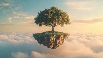 Golden tree standing on rocky outcrop surrounded by soft clouds at sunrise