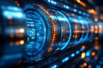 Fototapeta premium Futuristic Tech: Data Center Server Racks, Digital Interface
