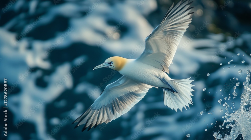 Poster a close-up shot of a bird in mid-flight, with its wings spread wide and feathers clearly visible, ca