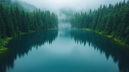 Fototapeta premium Foggy lake surrounded by dense evergreen forest