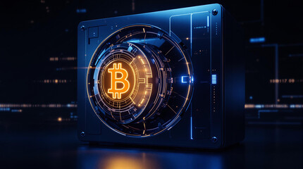 Cofre digital futurista com s&iacute;mbolo de Bitcoin iluminado, representando seguran&ccedil;a, armazenamento e tecnologia blockchain no universo das criptomoedas.