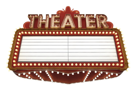 Classic Retro Theater marquee with blank billboard, isolated on transparent background