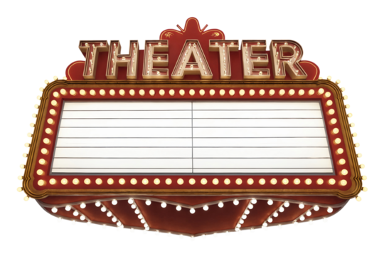Classic Retro Theater marquee with blank billboard, isolated on transparent background