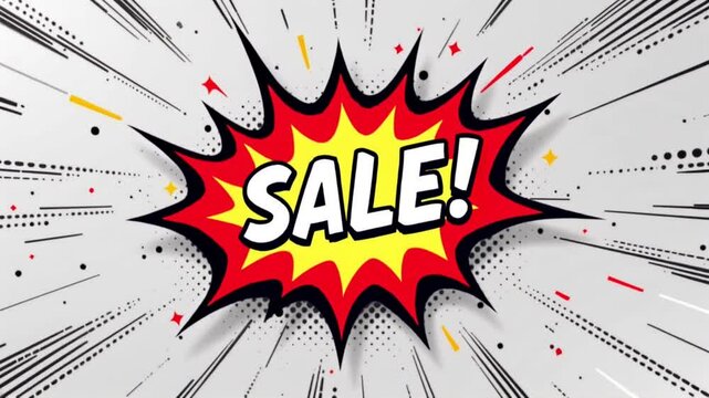 Bold "SALE!" text in a comic-style explosion, radiating excitement and urgency.